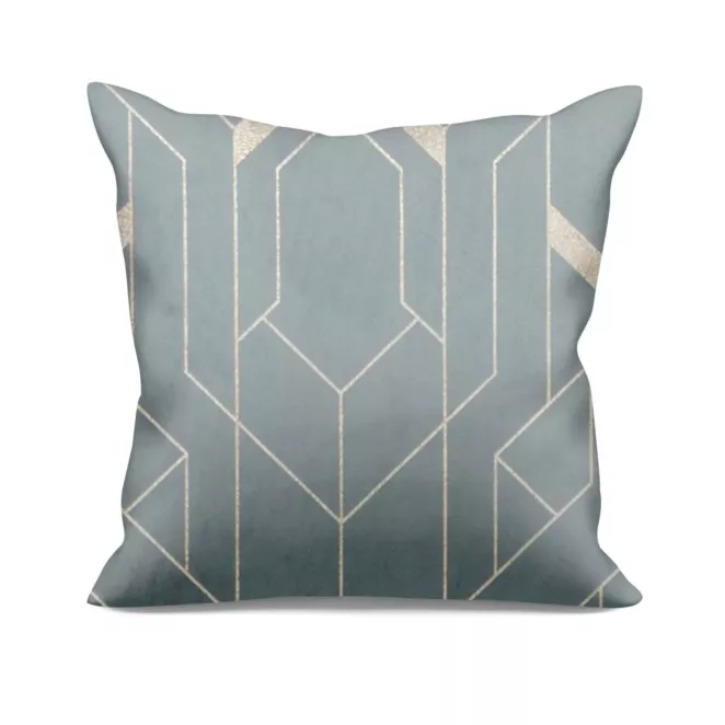 Poszewka szyta szaro złota z tkaniny welwetowej z geometrycznym błyszczącym nadrukiem