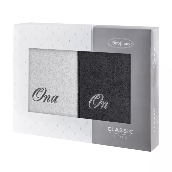 Zestaw ręczników bawełnianych na prezent 2 szt 50x90 cm z haftem ONA I ON kolor srebrny,stalwoy 400 g/m2
