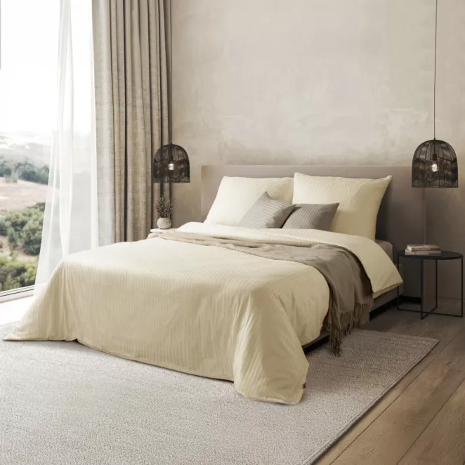 Pościel 160x200 cm satyna bawełniana kolor kremowy w drobne prążki VERA