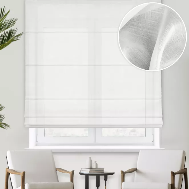 Roleta rzymska biała z gładkiej matowej etaminy o naturalnym splocie