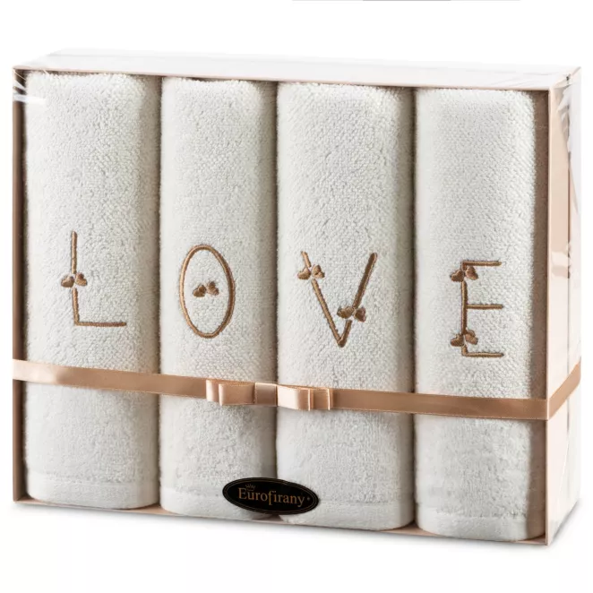 Zestaw ręczników bawełnianych na prezent 4 szt 50x90 cm kolor kremowy z haftem LOVE