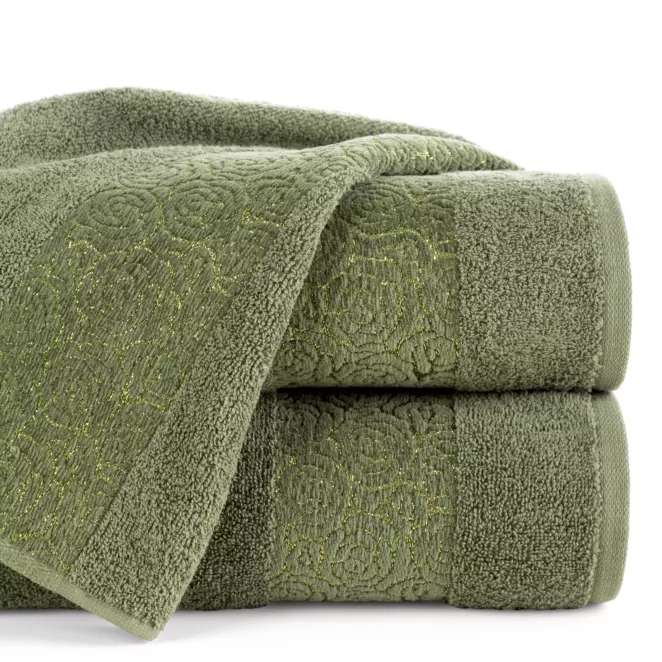 Ręcznik do rąk 30x50 cm bawełniany kolor ciemnozielony zdobiony wytłaczanym motywem róż z dodatkiem błyszczącej nici IRIS