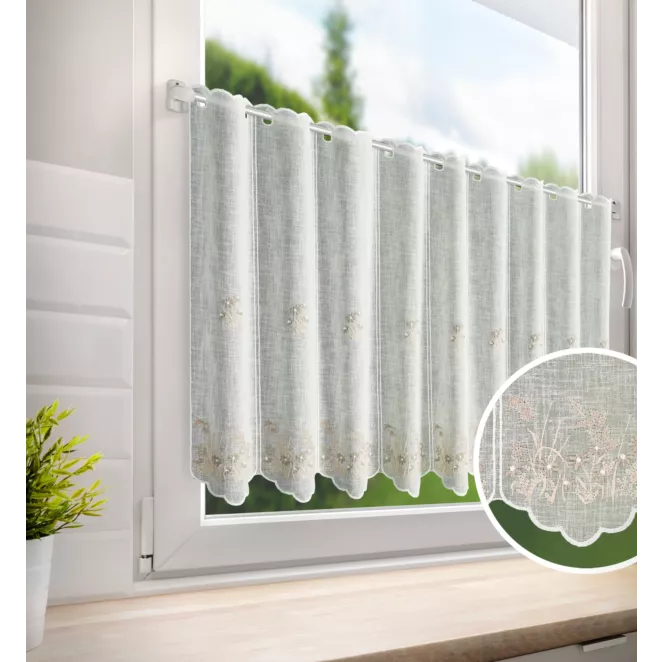 Tkanina firanowa zazdrostka z etaminy zdobiona haftem subtelnym drobnych kwiatuszków