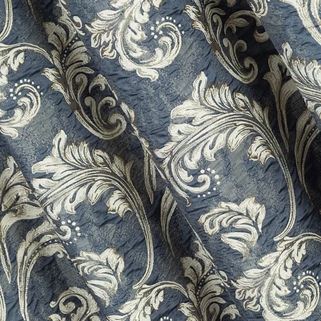 L40/3 Zasłona szyta na taśmie 5 cm PERUGIA granatowa ze szlachetnej tkaniny z dużym roślinnym wzorem