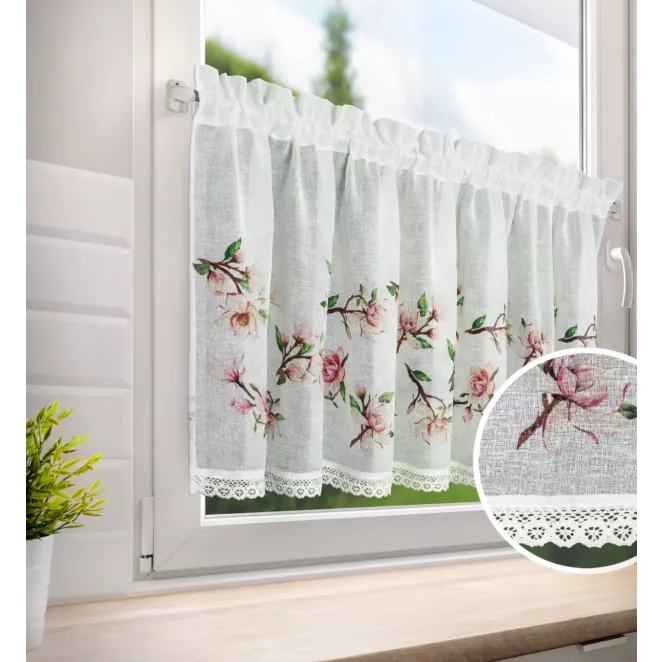 Zazdrostka ARI z etaminy zdobiona nadrukiem magnolii i koronką 150x60 cm