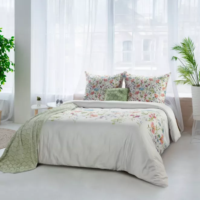 Pościel 220x200 cm bawełniana kolor biały, zielony z botanicznym wzorem w stylu romantycznym SPRING 24