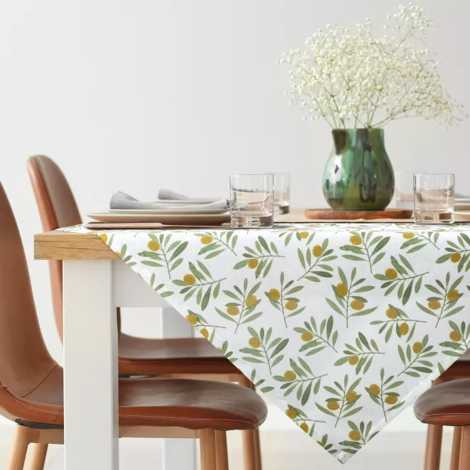 Obrus na stół plamoodporny 85x85 cm biało, zielony z motywem oliwek - ERIN