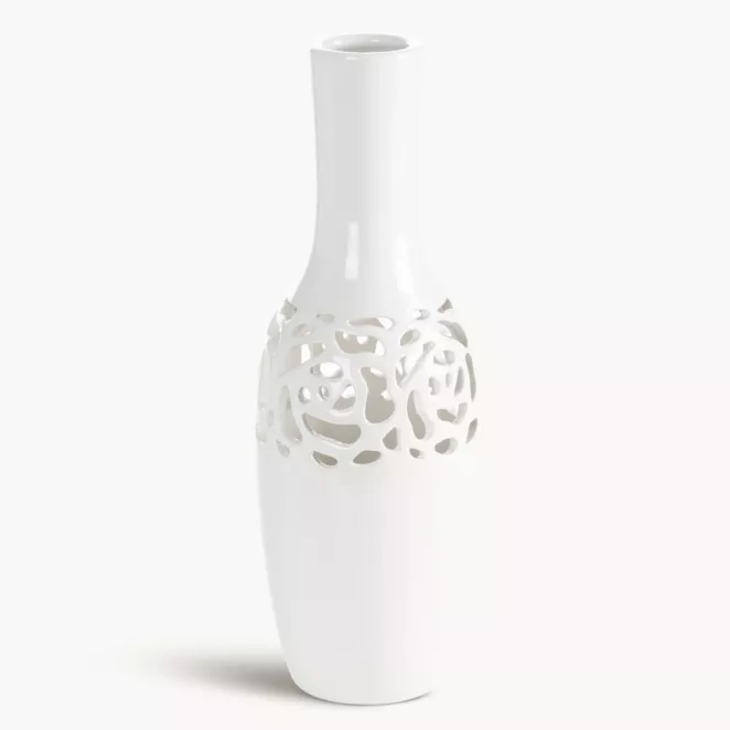 Wazon dekoracyjny biały wykończony ażurowym wzorem 10x30 cm CELIA