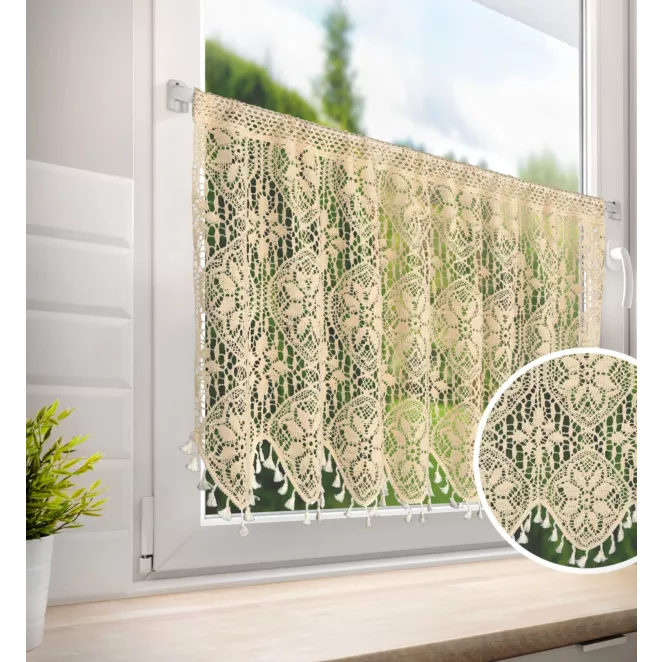 Zazdrostka jansobeżowa ażurowa  w stylu boho zdobiona subtelnymi frędzelkami 150x60 cm tunel MOLY