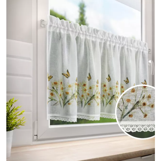 Zazdrostka FLORA z etaminy zdobiona nadrukiem narcyzów i koronką 60x150 cm