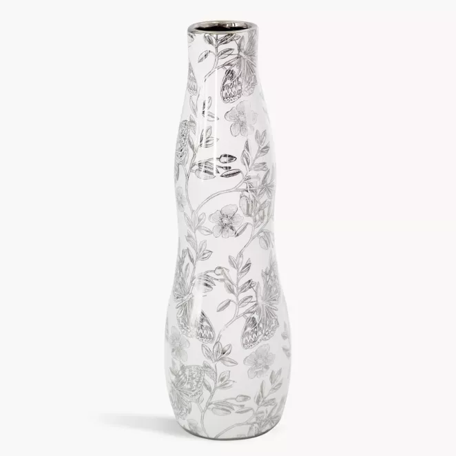 Wazon dekoracyjny biało, srebrny zdobiony roślinnym wzorem 11x35 cm RITA