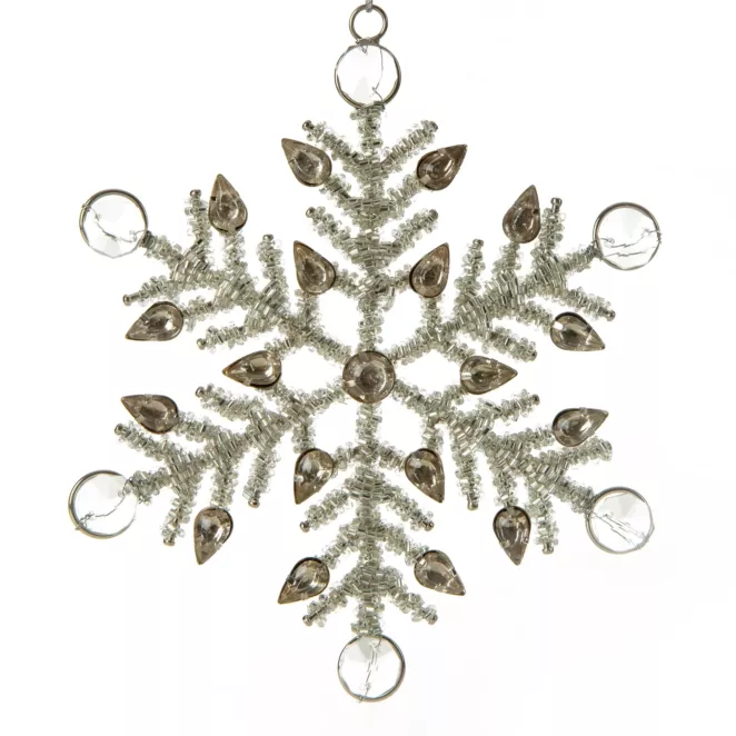 Ozdoba choinkowa śnieżynka zdobiona koralikami i błyszczącymi kryształkami