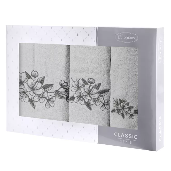 Zestaw ręczników bawełnianych na prezent 3 szt kolor srebrny,stalowy z haftowanym motywem kwiatu wiśni 400 g/m2 SOFIA