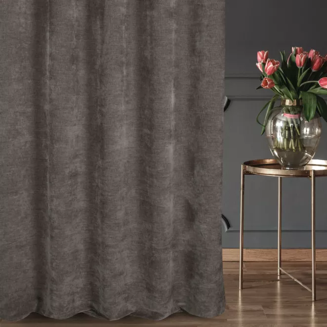 Zasłona szyta na flexach brązowa z tkaniny szenilowej z efektem melanżu