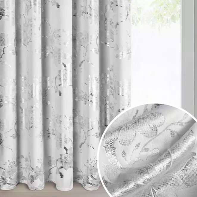 Zasłona biało, srebrna zdobiona nadrukiem błyszczących kwiatów 140x270 cm taśma - CELIA