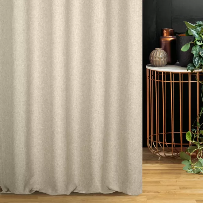 Zasłona szyta na taśmie 5 cm beżowa z tkaniny w stylu eko i efektem melanżu