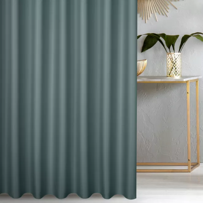 Zasłona szyta na taśmie 5 cm ciemnoniebieska z gładkiej tkaniny zaciemniającej typu dimout wykończona obciążnikiem