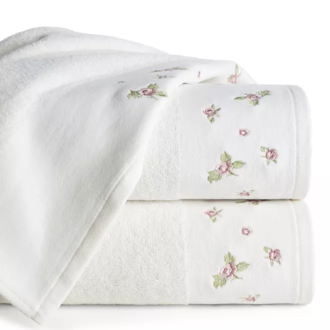 Ręcznik kąpielowy 70x140 cm bawełniany kolor kremowy zdobiony haftem różyczek DALIA