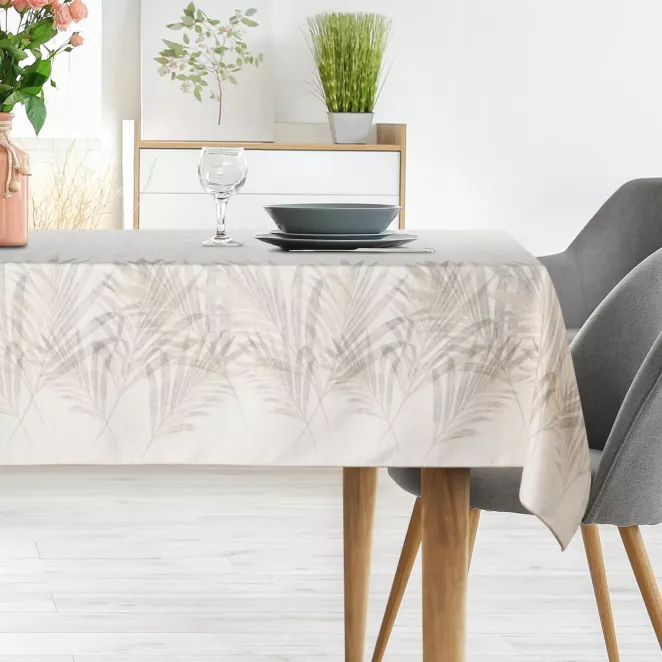 Obrus beżowo, kremowy 145x180 cm INES 11 z nadrukowanym motywem liści palmowych