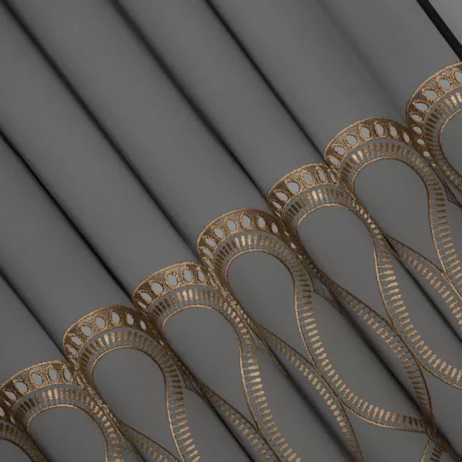 M209/4 Firana szyta na taśmie 5 cm czarno złota z matowego PERU, zdobiona eleganckim, dużym haftem Italissima Eva Minge