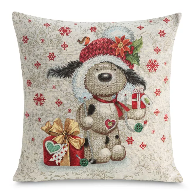 Poszewka na poduszkę 45x45 cm bawełniana, gobelinowa naturalno, czerwona z motywem misia GOB