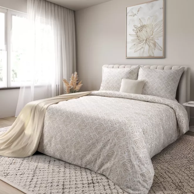 Pościel 220x200 cm komplet 3 częściowy satyna bawełniana kolor ciemnobeżowo, biały zdobiony ornamentem roślinnym SPRING 100