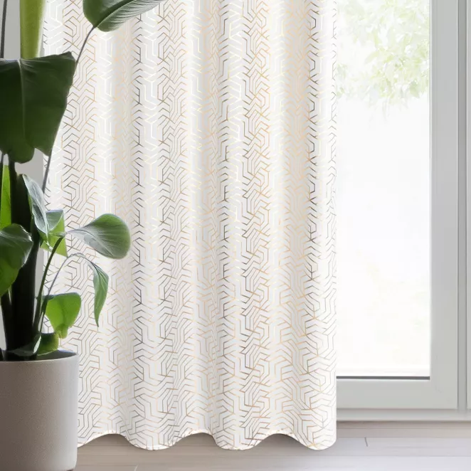 Zasłona biało, szampańska zdobiona nadrukiem geometrycznym 140x250 cm przelotka - SEMI
