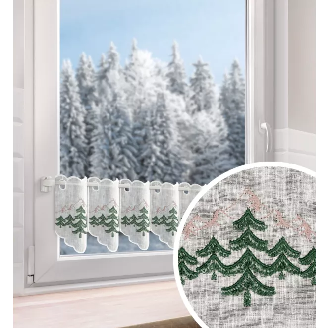Tkanina firanowa zazdrostka z etaminy zdobiona świątecznym haftem z motywem choinek