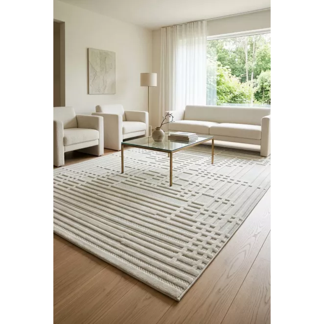 Dywan 60x100 cm kremowo, beżowy strukturalny, wytłaczany z nowoczesnym wzorem geometrycznych linii VENUS 2