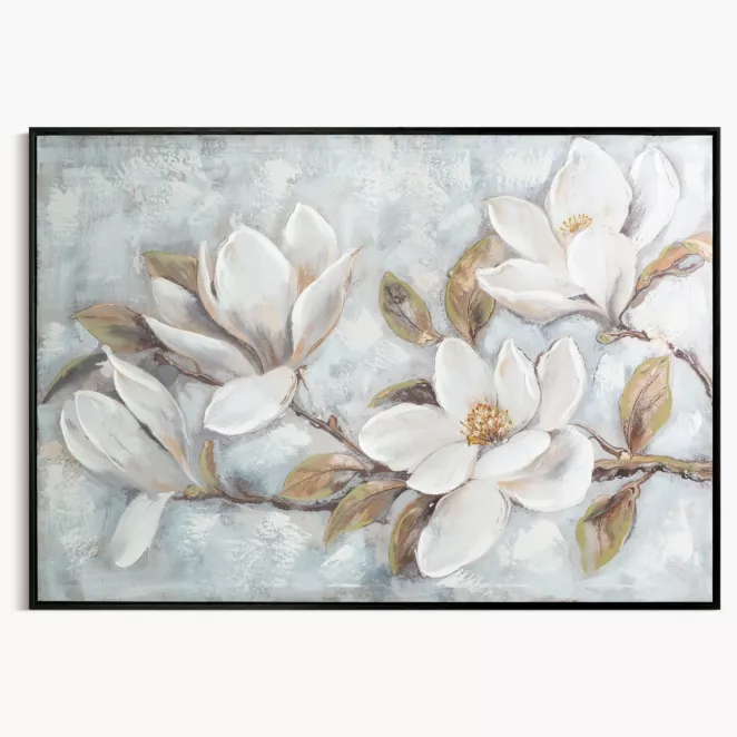 Obraz kremowo, beżowy ręcznie malowane magnolie na płótnie z błyszczącymi akcentami 70x140 cm