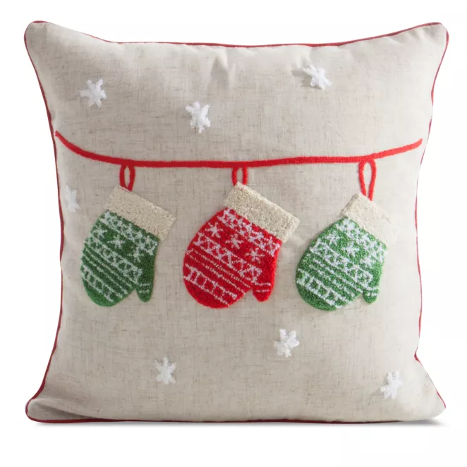Poszewka na poduszkę świąteczna 45x45 cm o strukturze lnu beżowo, czerwona zdobiona uroczą aplikacją