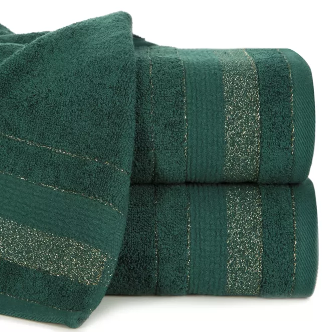 Ręcznik kąpielowy 50x90 cm bawełniany kolor ciemnozielony w pasy przetykany błyszczącą nicią 500 g/m2 APRIL