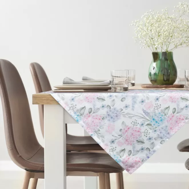 Bieżnik na stół naturalno, różowy 90x90 cm SUMMER 8 zdobiony nadrukiem hortensji