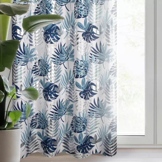 Zasłona biało, granatowa zdobiona egzotycznym nadrukiem z tkaniny typu oxford 140x250 cm przelotka - MALTA