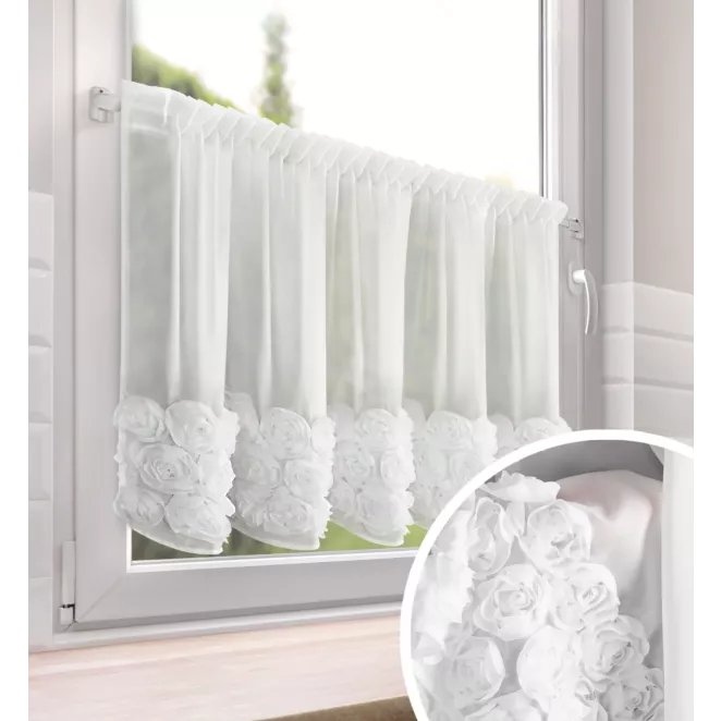 Zazdrostka biała z szyfonu zdobiona różami 3D 70x150 cm taśma - ROSES11 Eva Minge