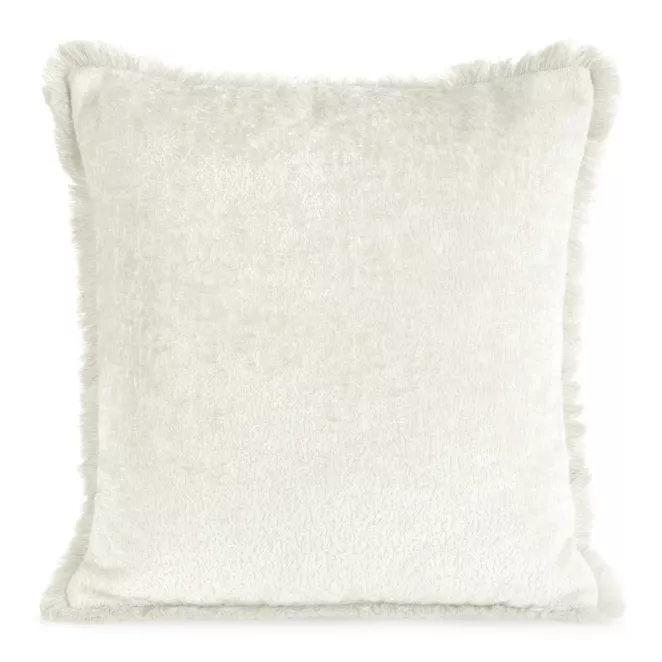 Poszewka na poduszkę 45x45 cm kremowa z szenilowej nici zdobiona subtelnymi frędzlami ADIA