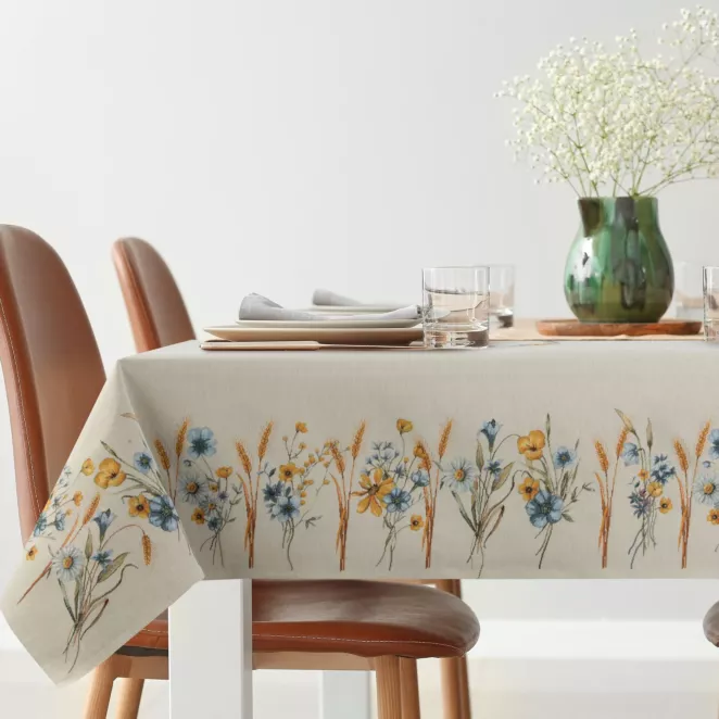 Obrus naturalno, jasnoniebieski 140x180 cm z grubszej tkaniny gobelinowej z nicią szenilową z motywem polnych kwiatów