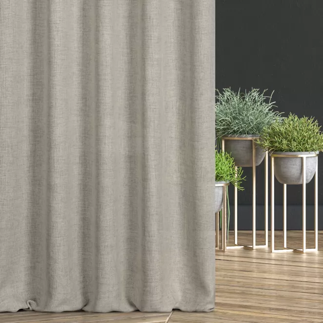 Zasłona szyta na przelotkach ciemnobeżowa z tkaniny w stylu ekologicznym z efektem melanżu