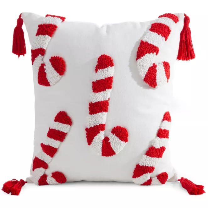Poszewka na poduszkę świąteczna 45x45 cm biało, czerwona zdobiona aplikacja w laski cukrowe