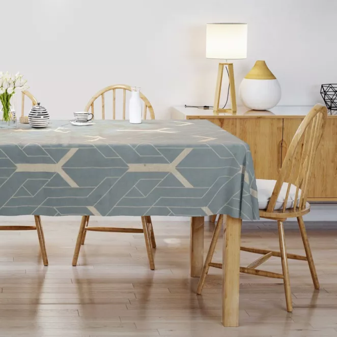 Obrus szyty szaro złoty z tkaniny welwetowej z geometrycznym błyszczącym nadrukiem