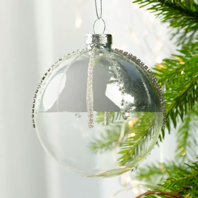 Bombka szklana zdobiona kryształkami i brokatem