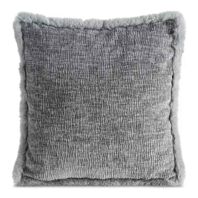 Poszewka na poduszkę 45x45 cm stalowa szenilowa zdobiona futerkiem na brzegach BLANCA 03