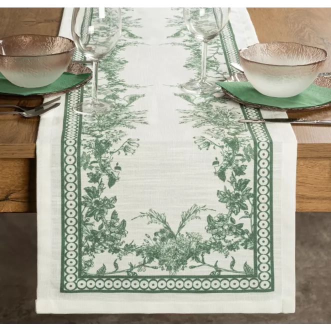 Bieżnik na stół  40x140 cm naturalno, zielony  z wzorem roślinnym SUMMER14 - kolekcja FOREST SUMMER