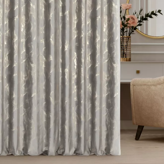 Zasłona szyta na taśmie 5 cm srebrno złocista z tkaniny welwetowej ze złotym marmurkowym nadrukiem