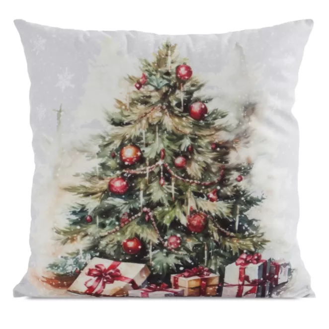 Poszewka na poduszkę 45x45 cm welwetowa zielono, czerwona z motywem choinki świątecznej
