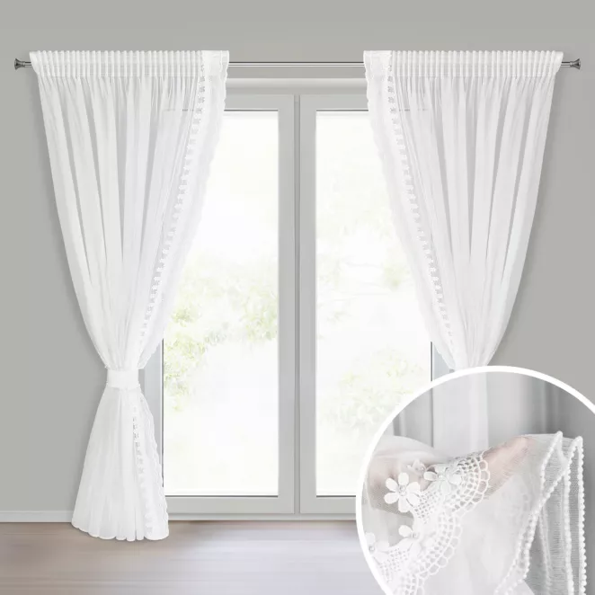 Komplet białych firan 2 szt zdobionych koronką z perełkami, troczek w zestawie 140x270 cm taśma LARISA