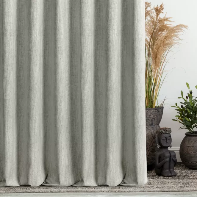 Zasłona szyta na taśmie 5 cm beżowa z tkaniny o naturalnym splocie z efektem melanżu