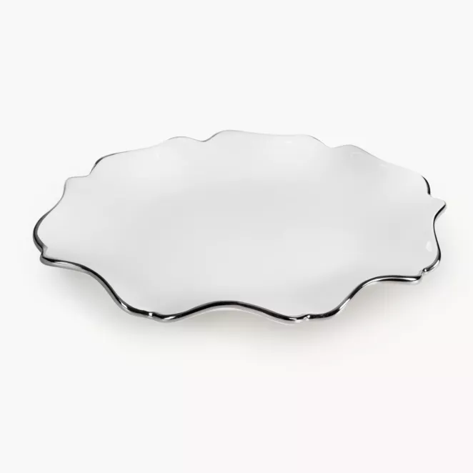 Patera ceramiczna dekoracyjna biało-srebrna  z falującymi brzegami 25x18x3 cm AUREN 2