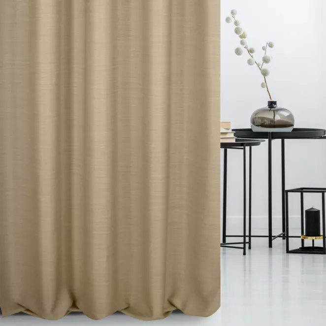 Zasłona szyta na taśmie 5 cm ciemnokremowa z miękkiej tkaniny o naturalnym splocie w stylu ekologicznym