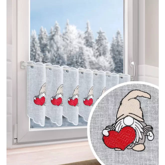 Tkanina firanowa zazdrostka z etaminy zdobiona świątecznym haftowanym skrzatem